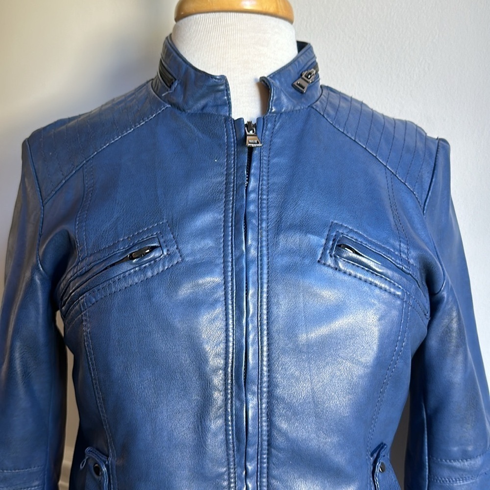 Collezione Italian Faux leather Blue Moto Style Jacket Size Small EUC